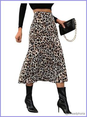 Leopard Print High Waisted A Line Flared Midi Skirt